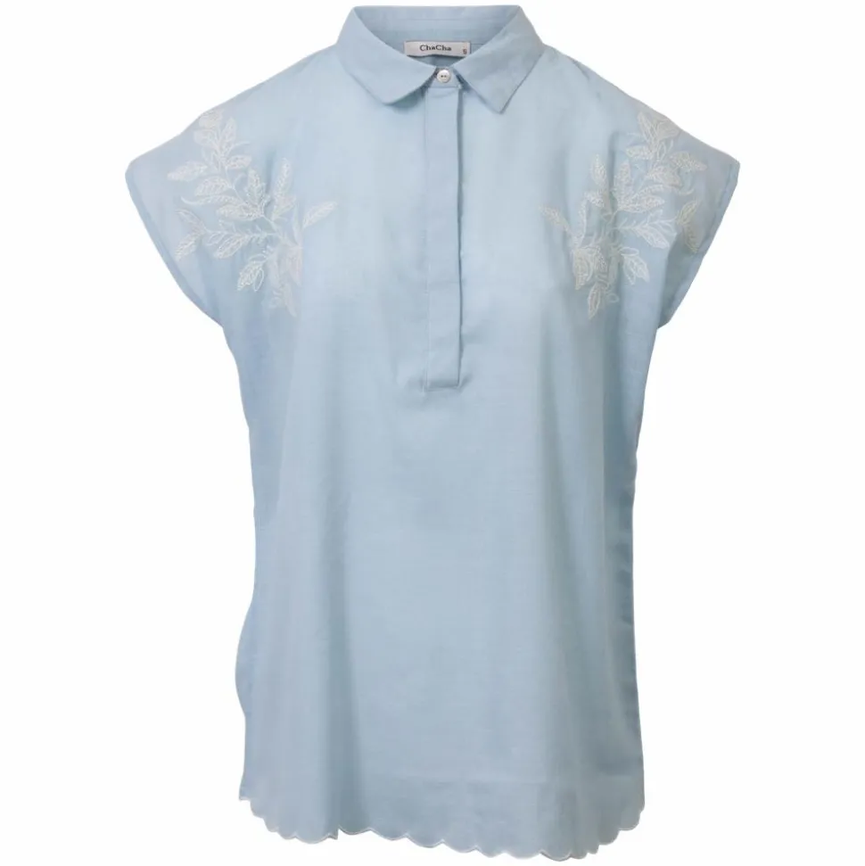 ZbyZ Dame Kortærmet skjorte i hørmix Plus Size - Denim Light Blue